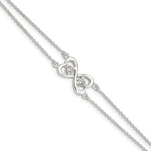 925 Sterling Silver Polished CZ Heart Two-strand Bracelet, 7.5 Length